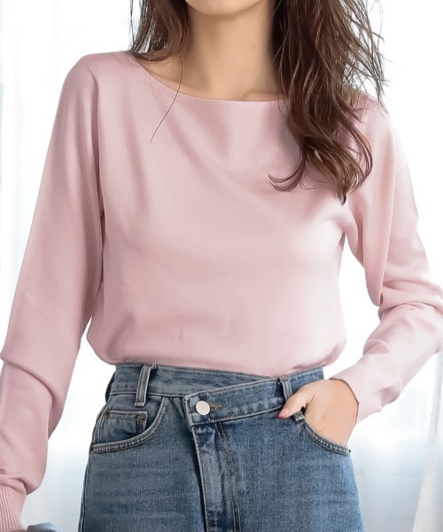 Re:EDIT（リエディ）の「お家で洗えるレーヨンナイロンボートネックハイゲージニットトップス（ニット/セーター・レディース・グレー/ブラック/サックスブルー/ホワイト×ブラック/プラム/ラベンダー/ピンク/ベージュ/ネイビー/ホワイト/パープル/イエロー/レッド/カーキ/モカ/マスタード/ブルー/ブラウン/オレンジ/グリーン/ワイン・LARGE/MEDIUM）」の18枚目の写真