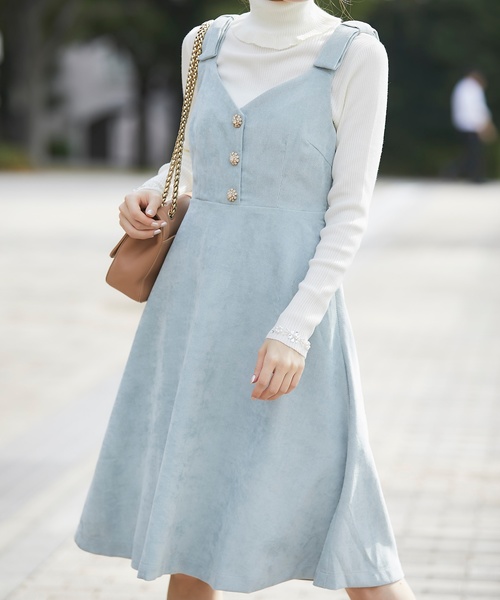 Tocco Closet トッコ クローゼット の 肩りぼん付きフラワービジュー釦コーデュロイワンピース ワンピース Wear