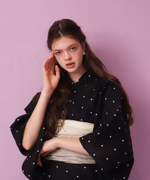 one after another NICE CLAUP（ワンアフターアナザーナイスクラップ）の「ハート柄浴衣（へこ帯セット）（浴衣・レディース・ブラック/アイボリー/モカ・FREE）」の22枚目の写真