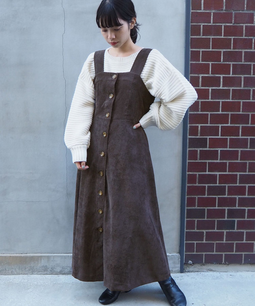 tiptop（ティップトップ）の「前ボタンコーデュロイジャンスカ（ジャンパースカート・レディース・ブルー/アイボリー/グレイッシュベージュ/ブラウン・FREE）」の3枚目の写真