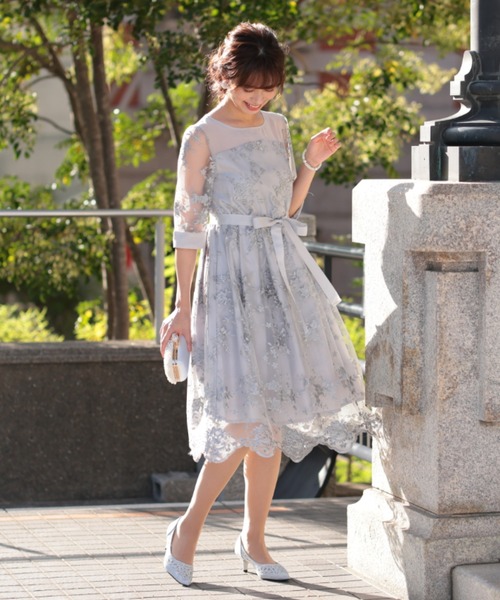 シアーレースデザイン ミモレ丈ワンピースドレス