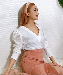 【インフルエンサー 森暖奈プロデュースアイテム】Vネックパワショルブラウス