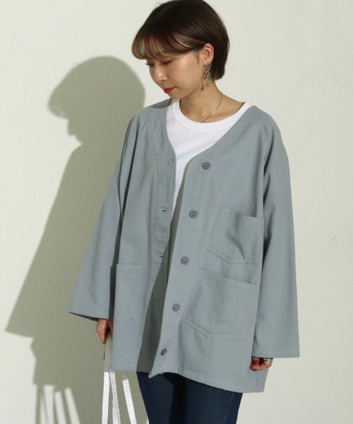 Factor=(ファクターイコール)の「ツイルノーカラージャケット(その他アウター・レディース・オフホワイト/サックスブルー・FREE)」の1枚目の写真