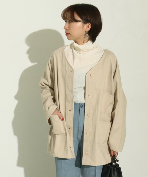 Factor=(ファクターイコール)の「ツイルノーカラージャケット(その他アウター・レディース・オフホワイト/サックスブルー・FREE)」の3枚目の写真