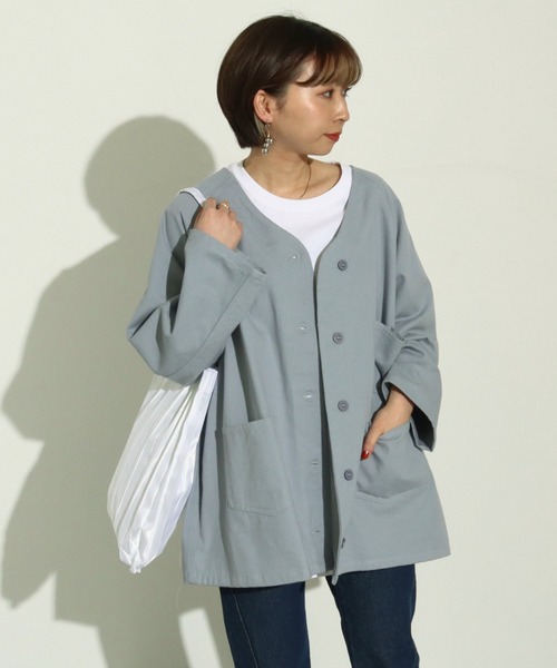 Factor=(ファクターイコール)の「ツイルノーカラージャケット(その他アウター・レディース・オフホワイト/サックスブルー・FREE)」の7枚目の写真