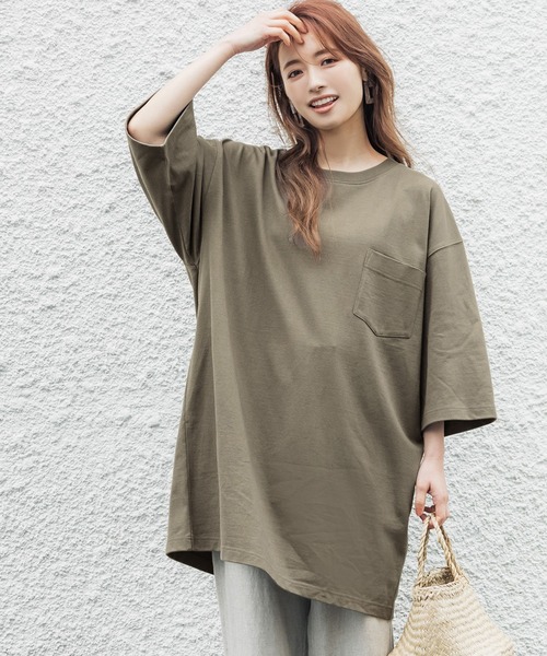 coca(coca)(コカ)の「ヘビーウェイポケット付きオーバーチュニックT(Tシャツ/カットソー・レディース・ホワイト/ブラック/ベージュ/カーキ・ONE SIZE)」の4枚目の写真