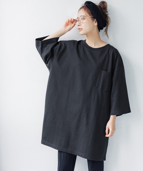 coca(coca)(コカ)の「ヘビーウェイポケット付きオーバーチュニックT(Tシャツ/カットソー・レディース・ホワイト/ブラック/ベージュ/カーキ・ONE SIZE)」の2枚目の写真