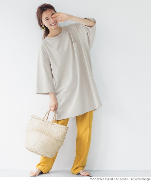 coca(coca)(コカ)の「ヘビーウェイポケット付きオーバーチュニックT(Tシャツ/カットソー・レディース・ホワイト/ブラック/ベージュ/カーキ・ONE SIZE)」の7枚目の写真