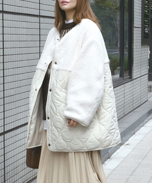 anyonemore ボアキルティングバックルショートコート 楽天市場】【5%オフクーポン】キルト ボア フード付き コート