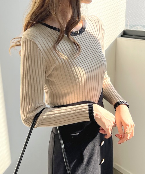 Futier land（フューティアランド）の「パイピングリブニット（ニット/セーター・レディース・チャコールグレー/ブラック/モカ/ライトベージュ/レッドパープル/ライトイエロー/アイボリー/ピンク/ホワイト・FREE）」の6枚目の写真