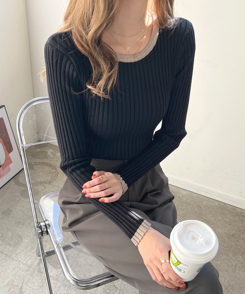 Futier land（フューティアランド）の「パイピングリブニット（ニット/セーター・レディース・チャコールグレー/ブラック/モカ/ライトベージュ/レッドパープル/ライトイエロー/アイボリー/ピンク/ホワイト・FREE）」の4枚目の写真