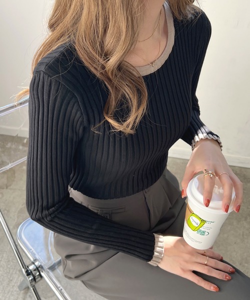 Futier land（フューティアランド）の「パイピングリブニット（ニット/セーター・レディース・チャコールグレー/ブラック/モカ/ライトベージュ/レッドパープル/ライトイエロー/アイボリー/ピンク/ホワイト・FREE）」の19枚目の写真