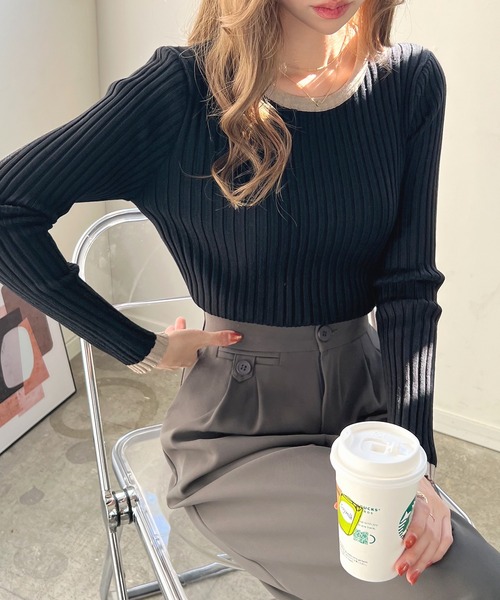 Futier land（フューティアランド）の「パイピングリブニット（ニット/セーター・レディース・チャコールグレー/ブラック/モカ/ライトベージュ/レッドパープル/ライトイエロー/アイボリー/ピンク/ホワイト・FREE）」の21枚目の写真