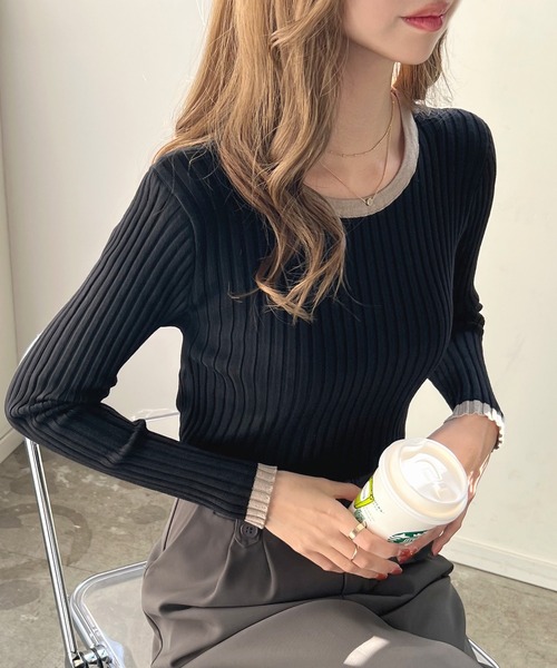 Futier land（フューティアランド）の「パイピングリブニット（ニット/セーター・レディース・チャコールグレー/ブラック/モカ/ライトベージュ/レッドパープル/ライトイエロー/アイボリー/ピンク/ホワイト・FREE）」の22枚目の写真