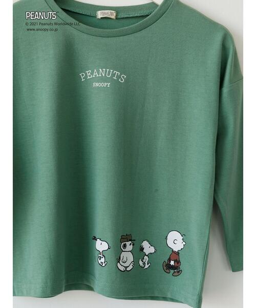 koe（コエ）の「PEANUTS スヌーピーロングTシャツ＊（Tシャツ/カットソー・キッズ・ブラウン/モカ/サックスブルー/チャコールグレー/グレイッシュベージュ/グリーン・100/120/110/130）」の12枚目の写真