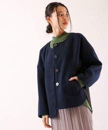 【Chumandor】フェイクウール 配色切替ノーカラージャケット
