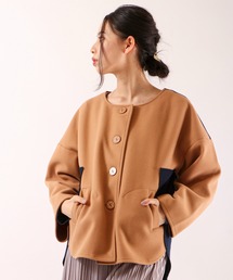 【Chumandor】フェイクウール 配色切替ノーカラージャケット