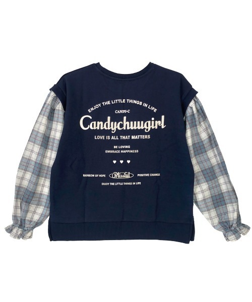 Candychuu（キャンディチュウ）の「袖チェックトレーナー（Tシャツ/カットソー・キッズ・ネイビー/オフホワイト・SS/S/M/XXS）」の4枚目の写真