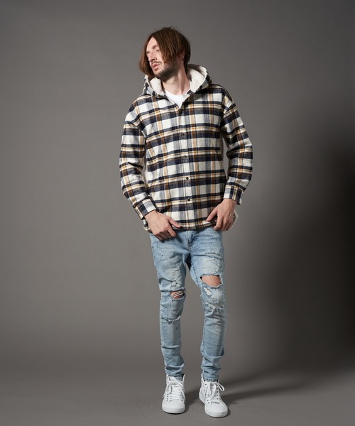 STUD MUFFIN（スタッドマフィン）の「STUD MUFFIN/スタッドマフィン/ヘビーネルチェック/ボア サガラ刺繍 フーデッドシャツ（その他アウター・メンズ・オフホワイト/グリーン・2/3）」の8枚目の写真