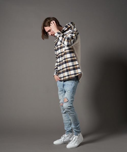 STUD MUFFIN（スタッドマフィン）の「STUD MUFFIN/スタッドマフィン/ヘビーネルチェック/ボア サガラ刺繍 フーデッドシャツ（その他アウター・メンズ・オフホワイト/グリーン・2/3）」の4枚目の写真