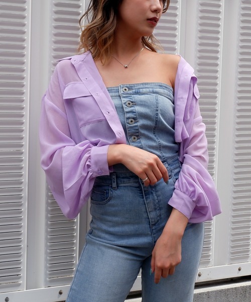 SPIRALGIRL（スパイラルガール）の「リンクルシアーショートシャツ（シャツ/ブラウス・レディース・ブラック/パープル/オフホワイト・FREE）」の3枚目の写真