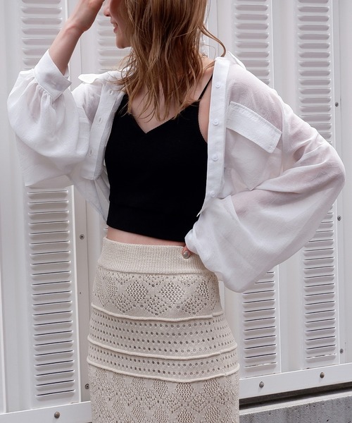 SPIRALGIRL（スパイラルガール）の「リンクルシアーショートシャツ（シャツ/ブラウス・レディース・ブラック/パープル/オフホワイト・FREE）」の6枚目の写真