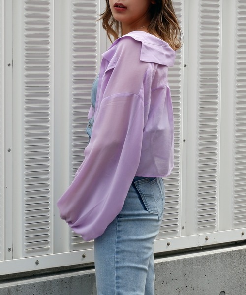 SPIRALGIRL（スパイラルガール）の「リンクルシアーショートシャツ（シャツ/ブラウス・レディース・ブラック/パープル/オフホワイト・FREE）」の9枚目の写真