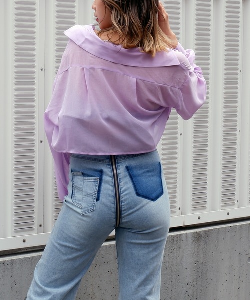 SPIRALGIRL（スパイラルガール）の「リンクルシアーショートシャツ（シャツ/ブラウス・レディース・ブラック/パープル/オフホワイト・FREE）」の10枚目の写真