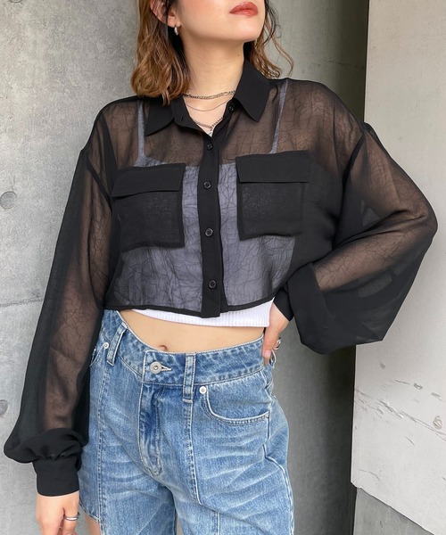 SPIRALGIRL（スパイラルガール）の「リンクルシアーショートシャツ（シャツ/ブラウス・レディース・ブラック/パープル/オフホワイト・FREE）」の11枚目の写真