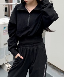 【LVEU.】ハーフジップクロップドスウェット / トップス カットソー スウェット ハーフジップ プルオーバー クロップド ショート ブラック ホワイト アイボリー
