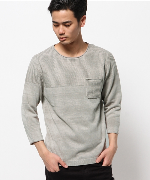 417 EDIFICE（フォーワンセブンエディフィス）の「◇9GメランジボーダーB/N 7/S（ニット/セーター・メンズ・グレー/カーキ/ネイビー・MEDIUM/SMALL/LARGE）」の2枚目の写真