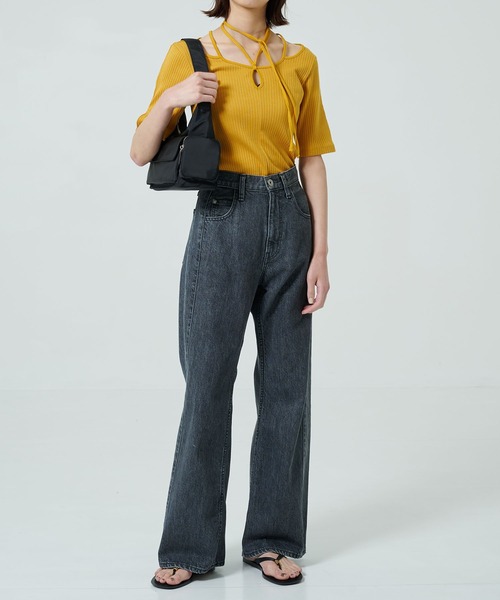 PUBLIC TOKYO(パブリックトウキョウ)の「【華奢見え・リボン】スリットホールカットアウトハーフスリーブトップ(Tシャツ/カットソー・レディース・ブラック/アイボリー/その他2/グレー/イエロー/ネイビー・FREE)」の8枚目の写真