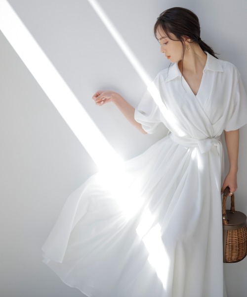 アニュアンス カシュクールタックワンピース　ホワイト アニュアンス anuans カシュクールタックワンピース （WHITE