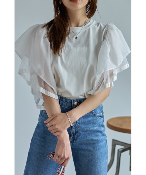 &. NOSTALGIA（アンドドットノスタルジア）の「シアーフレアスリーブトップス（Tシャツ/カットソー・レディース・ブラック/オフホワイト・FREE）」の8枚目の写真