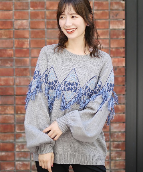 チチカカ（チチカカ）の「ナバホフリンジニットプルオーバー（ニット/セーター・レディース・グレー/アイボリー/ブラウン・FREE）」の2枚目の写真