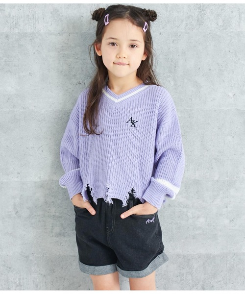 ANAP kids（アナップキッズ）の「ダメージラインニットトップス【親子お揃い】（ニット/セーター・キッズ・ラベンダー/アイボリー/ブラック・110cm/120cm/130cm）」の4枚目の写真