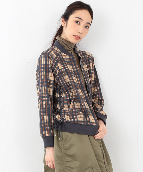 Ray BEAMS（レイビームス）の「RBS / シアーチェック レースアップ ブルゾン（ブルゾン・レディース・ライトブラウン/ネイビー・0/1）」の2枚目の写真