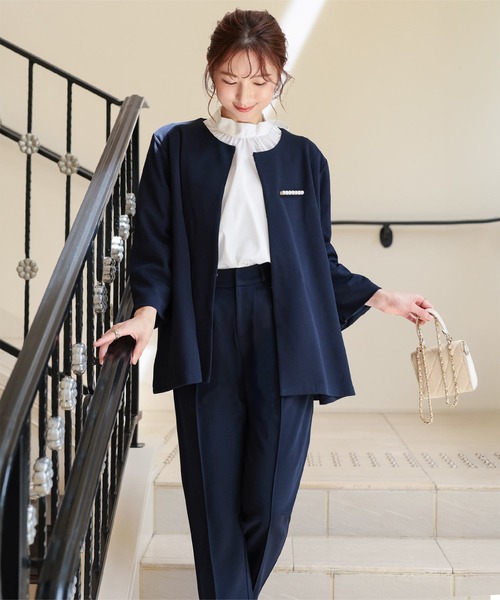 極美品！ROPE　ノーカラーパンツスーツセットアップ　M　ブラウン　ストレッチ セール】[ セレモニー ] [ ストレッチ × ノーアイロン