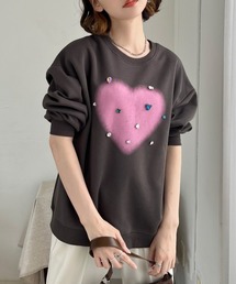ハートプリントビジュー付きプルオーバー