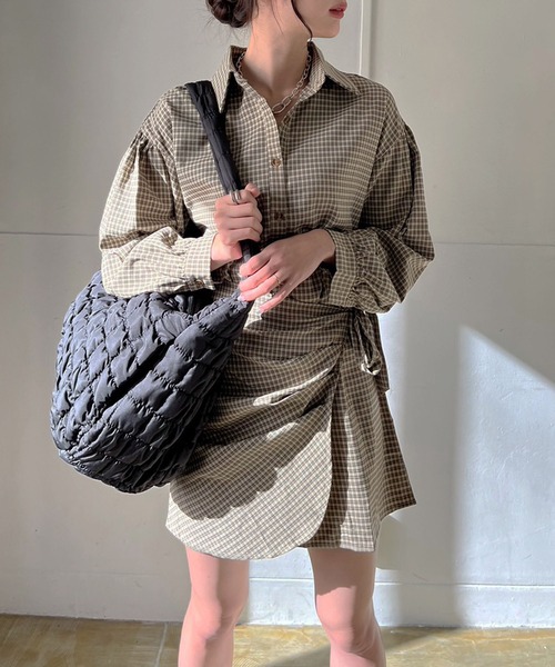 Jewelobe（ジュエローブ）の「タックラップスカートチェックシャツミニワンピース（ワンピース・レディース・グリーン/ベージュ/ブラック・FREE）」の18枚目の写真