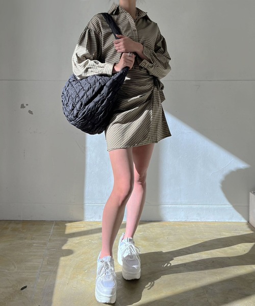 Jewelobe（ジュエローブ）の「タックラップスカートチェックシャツミニワンピース（ワンピース・レディース・グリーン/ベージュ/ブラック・FREE）」の21枚目の写真