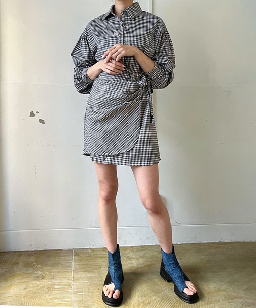 Jewelobe（ジュエローブ）の「タックラップスカートチェックシャツミニワンピース（ワンピース・レディース・グリーン/ベージュ/ブラック・FREE）」の10枚目の写真