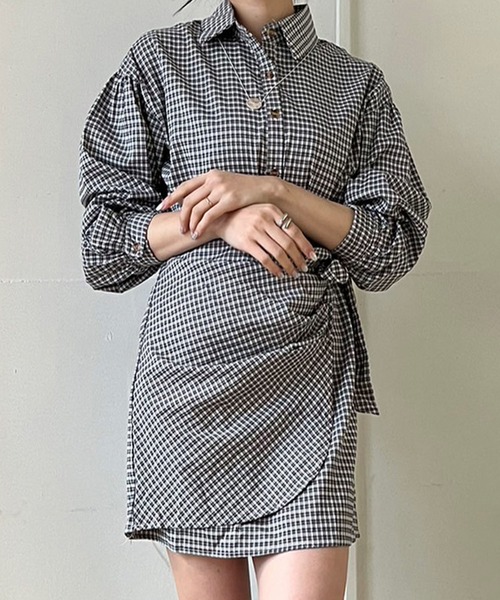 Jewelobe（ジュエローブ）の「タックラップスカートチェックシャツミニワンピース（ワンピース・レディース・グリーン/ベージュ/ブラック・FREE）」の14枚目の写真