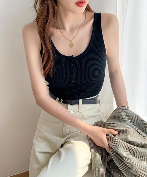 MILAE（ミレ）の「フロントボタンリブ編みニットタンクトップ（タンクトップ・レディース・ブラック/ベージュ/アイボリー/ミント/ホワイト・FREE）」の16枚目の写真