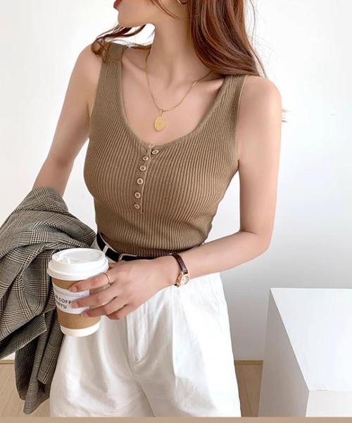 MILAE（ミレ）の「フロントボタンリブ編みニットタンクトップ（タンクトップ・レディース・ブラック/ベージュ/アイボリー/ミント/ホワイト・FREE）」の18枚目の写真