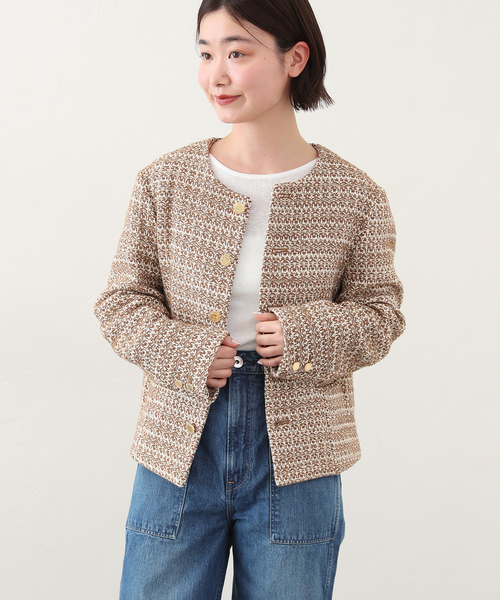 【リネン57%】【36】COUTURE D'ADAM ノーカラージャケット ADAM ET ROPE'（アダムエロペ）の「【KOMATSU】リネンライク