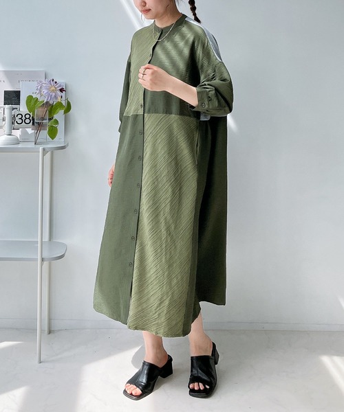 AS KNOW AS plus（アズノゥアズプラス）の「◎MIX切替えゆったりワンピ―ス（ワンピース・レディース・ストライプ/ドット/グレー系/カーキ系/ブルー系・FREE）」の2枚目の写真