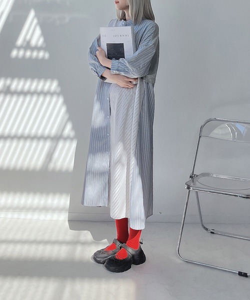 AS KNOW AS plus（アズノゥアズプラス）の「◎MIX切替えゆったりワンピ―ス（ワンピース・レディース・ストライプ/ドット/グレー系/カーキ系/ブルー系・FREE）」の4枚目の写真