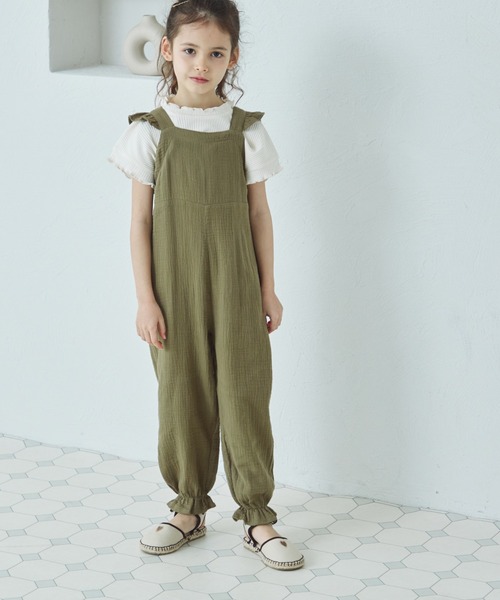 pairmanon(ペアマノン)の「ダブルガーゼ バッククロス フリルサロペット(サロペット/オーバーオール・キッズ・テラコッタ/オリーブ/ブルー系その他/ライトパープル・120/100/130/110/140/150/90)」の1枚目の写真