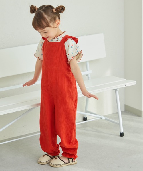 ★ オーバーオール　レッド　38 新品　フォロー割-200円 ダブルガーゼ バッククロス フリルサロペット（サロペット